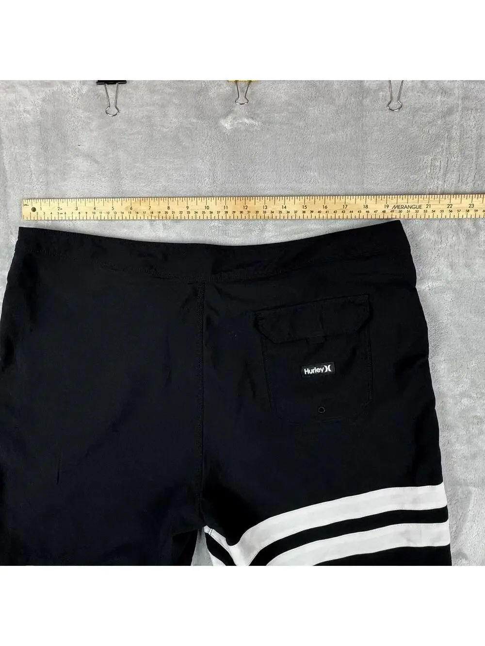 Hurley Phantom Black Board Shorts White Stripe Surf Swim Size 38 Unlined Coastal